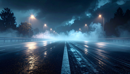 Night road with lights and fog in the background. 3d renderingの素材