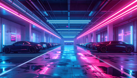 Futuristic underground parking lot with neon lights. 3d renderingの素材