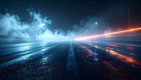 Foggy night road with glowing lights. Abstract background. 3d renderingの素材