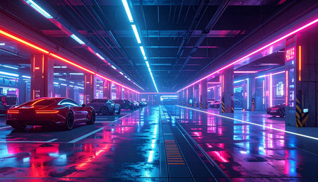 Futuristic underground parking lot with neon lights. 3d renderingの素材