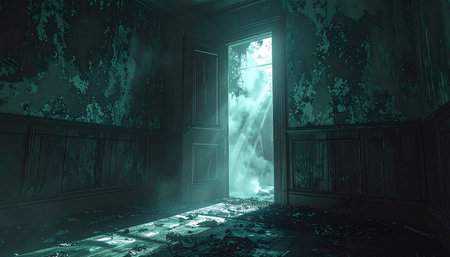 Creepy halloween scene with haunted door and glowing lightsの素材