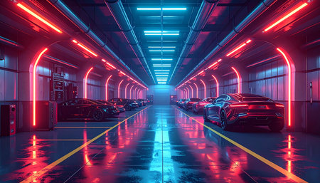 3d rendering of a modern underground parking lot with neon lights.の素材