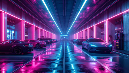 3D rendering of a futuristic underground parking lot with neon lights.の素材