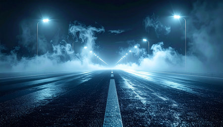 Empty asphalt road in a foggy night. 3D rendering.の素材