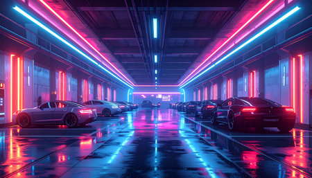 Futuristic underground parking lot with neon lights. 3d renderingの素材