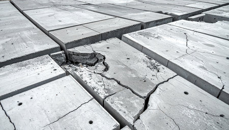 Broken concrete paving slabs on a construction site, closeup of photoの素材
