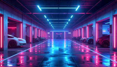 3d rendering of underground car parking lot with neon lights in the nightの素材