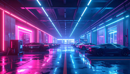 3d rendering of a dark corridor with neon lights and cars in itの素材
