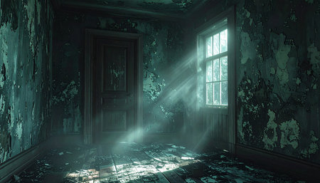 Dark abandoned room with door and window. 3d render illustration.の素材