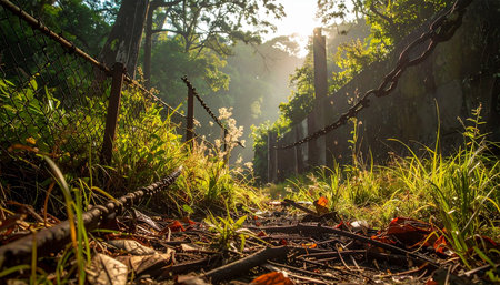 Old rusty fence in the forest with fallen leaves and sun rays.の素材