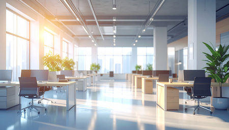 Modern office interior with city view and daylight. 3D Renderingの素材