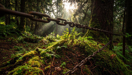 Old rusty chain in a green forest with sunbeams and fogの素材