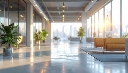 Interior of modern office with bright sunlight. 3D Renderingの素材