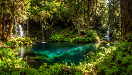 Tropical forest with turquoise water and waterfall in Hawaiiの素材