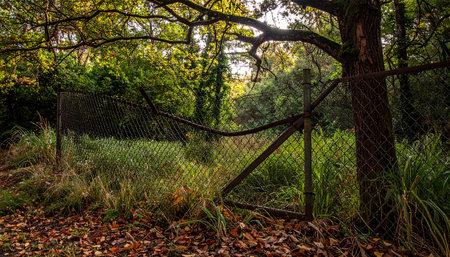Old rusty metal fence in the park with fallen leaves and trees.の素材
