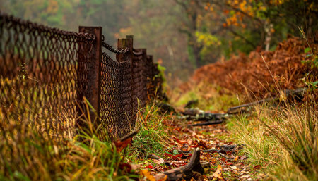 Abandoned metal fence in the middle of autumn forest with fallen leavesの素材