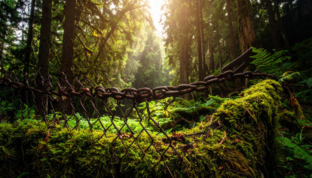 Old rusty chain link fence in the rainforest of California, USAの素材
