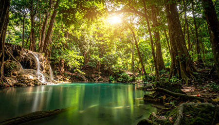 Deep forest waterfall at Erawan National Park, Kanchanaburi, Thailandの素材