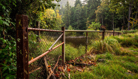 Abandoned fence in the forest. Old rusty metal fence.の素材