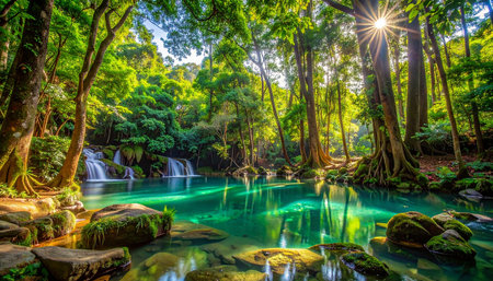 Deep forest waterfall at Erawan National Park, Kanchanaburi, Thailandの素材