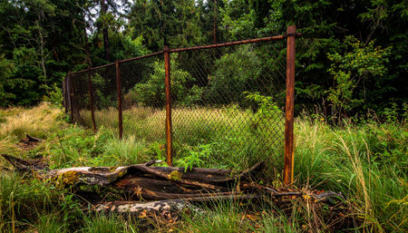 Old rusty metal fence in the middle of a green meadow.の素材