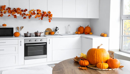 Modern kitchen interior with pumpkins and autumn leaves. Space for textの素材