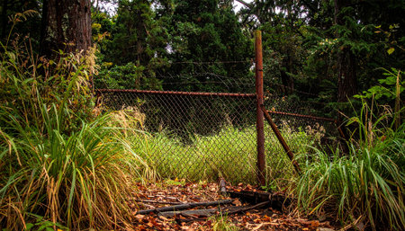Abandoned metal fence in the middle of a green forest.の素材