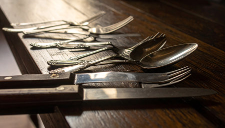 Vintage cutlery on a wooden table. Selective focus.の素材