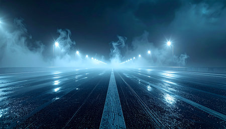 Foggy asphalt road at night with lights and smoke. 3d renderingの素材