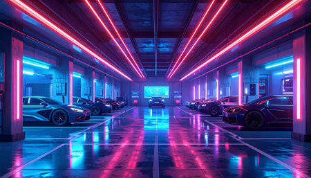 Futuristic interior of a car park with neon lights. 3D renderingの素材
