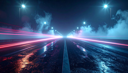 Night road with moving cars and lights, abstract background, 3d renderingの素材