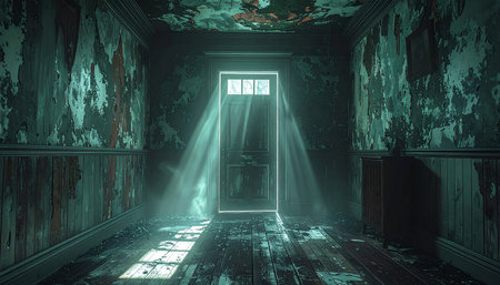 Creepy halloween background with old door. 3d renderingの素材