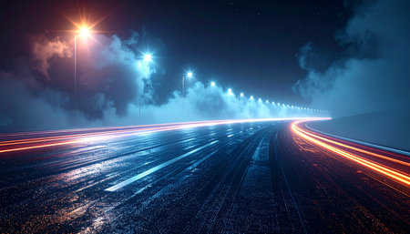 Night road lights. Lights of moving cars at night. long exposure photoの素材