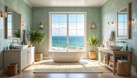 Bathroom with green walls, wooden floor, bathtub and window overlooking the sea. 3d renderingの素材