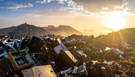 Pile of old household waste in a landfill at sunset, Germanyの素材