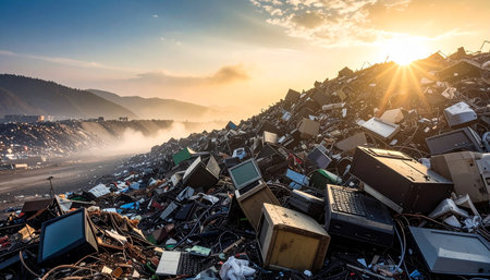 Pile of garbage in a landfill. The concept of ecology and environmental pollution.の素材