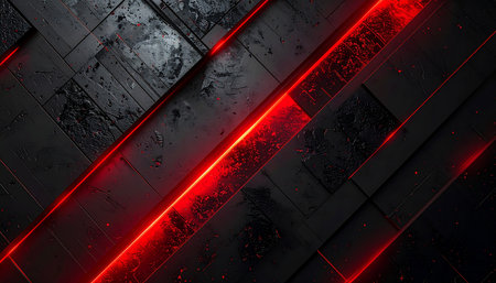 Red glowing neon lines on black textured background. 3D renderingの素材