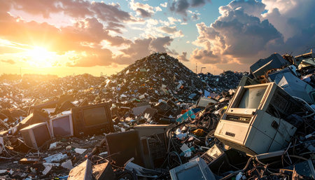 Pile of old TV waste in landfill at sunset, environmental pollution conceptの素材