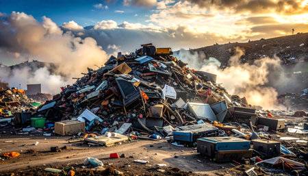 Pile of garbage in the trash dump at sunset, aerial viewの素材