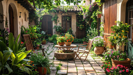 Beautiful garden with flowers and plants in a cozy Italian house.の素材