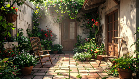 Beautiful garden with flower bed and wooden chair in vintage style.の素材