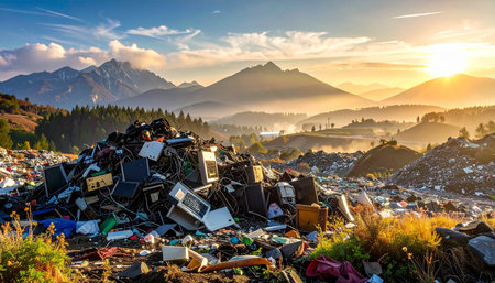 Pile of garbage in a landfill against the background of the mountainsの素材