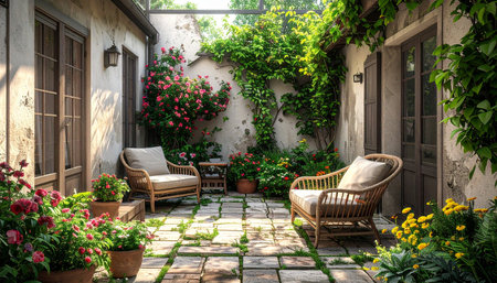 Outdoor patio with wicker chairs, plants and flowers in summer.の素材