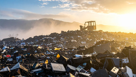 Scrap metal industry. Scrap metal in garbage dump at sunset.の素材