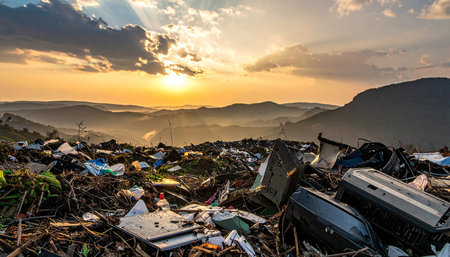 Pile of garbage and trash on the mountain with sunset background.の素材