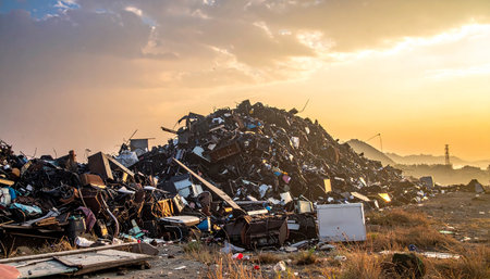 Pile of garbage and waste in a landfill at sunset. Environmental pollutionの素材
