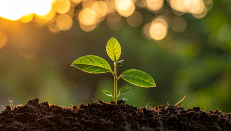 Green seedling growing from seed on blurred background with bokehの素材