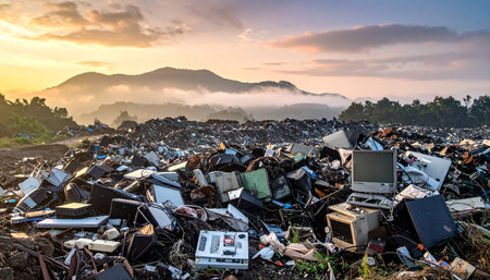 Pile of garbage and household waste in a trash dump at sunsetの素材