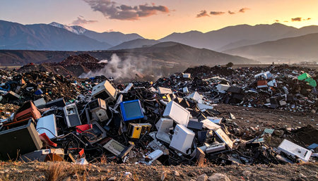Pile of household waste in a landfill at sunset, South Africa.の素材