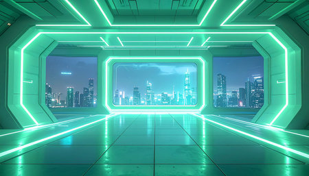 Futuristic corridor with glowing neon lights and city view. 3D renderingの素材